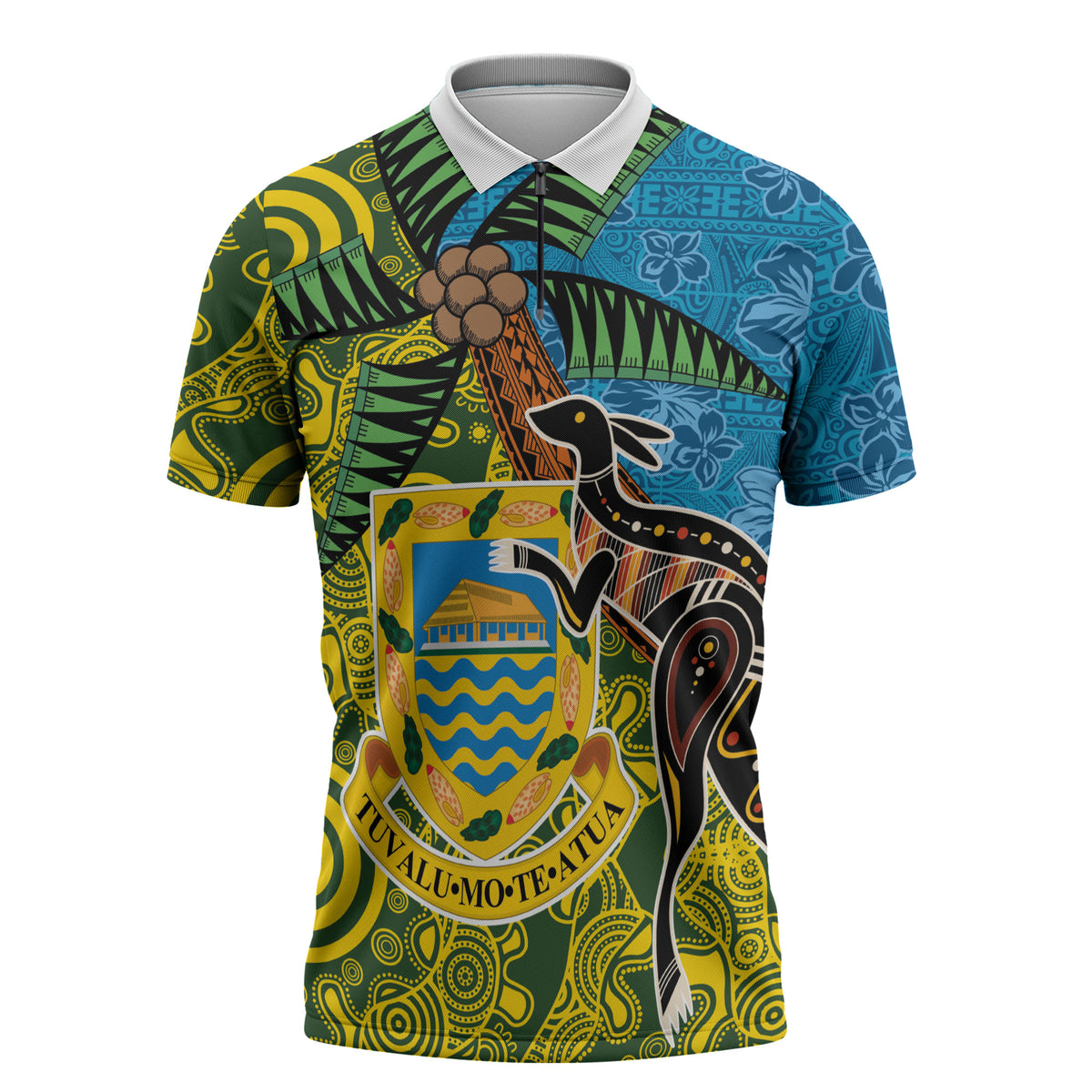 Tuvalu and Australia Together Zipper Polo Shirt Tapa Pattern and Aboriginal mix Culture