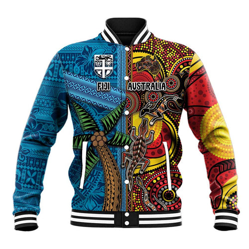 Personalised Australia and Fiji Together Baseball Jacket Tribal Palm Tree with Tapa and Aboriginal Animals Half Style