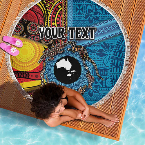 Personalised Australia and Fiji Together Beach Blanket Tribal Palm Tree with Tapa and Aboriginal Animals Half Style