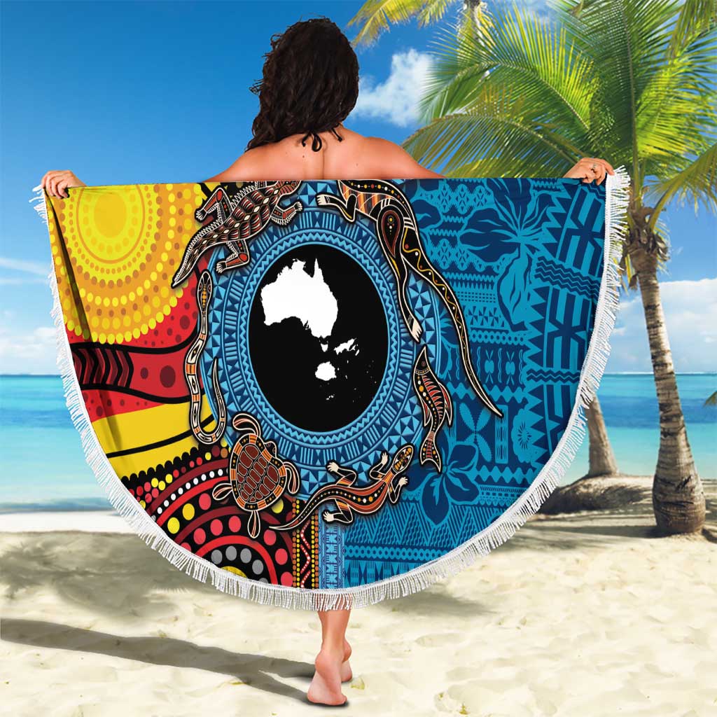 Personalised Australia and Fiji Together Beach Blanket Tribal Palm Tree with Tapa and Aboriginal Animals Half Style
