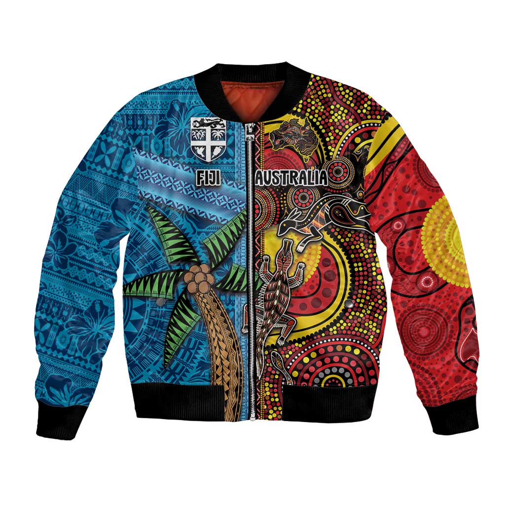Personalised Australia and Fiji Together Bomber Jacket Tribal Palm Tree with Tapa and Aboriginal Animals Half Style