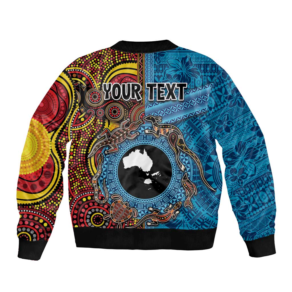 Personalised Australia and Fiji Together Bomber Jacket Tribal Palm Tree with Tapa and Aboriginal Animals Half Style