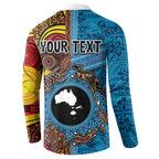 Personalised Australia and Fiji Together Button Sweatshirt Tribal Palm Tree with Tapa and Aboriginal Animals Half Style