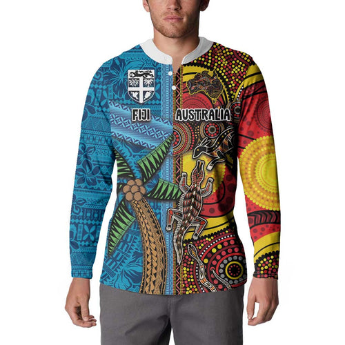 Personalised Australia and Fiji Together Button Sweatshirt Tribal Palm Tree with Tapa and Aboriginal Animals Half Style