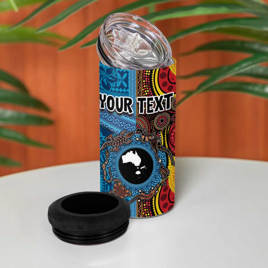 Personalised Australia and Fiji Together 4 in 1 Can Cooler Tumbler Tribal Palm Tree with Tapa and Aboriginal Animals Half Style