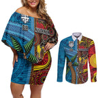 Personalised Australia and Fiji Together Couples Matching Off Shoulder Short Dress and Long Sleeve Button Shirt Tribal Palm Tree with Tapa and Aboriginal Animals Half Style