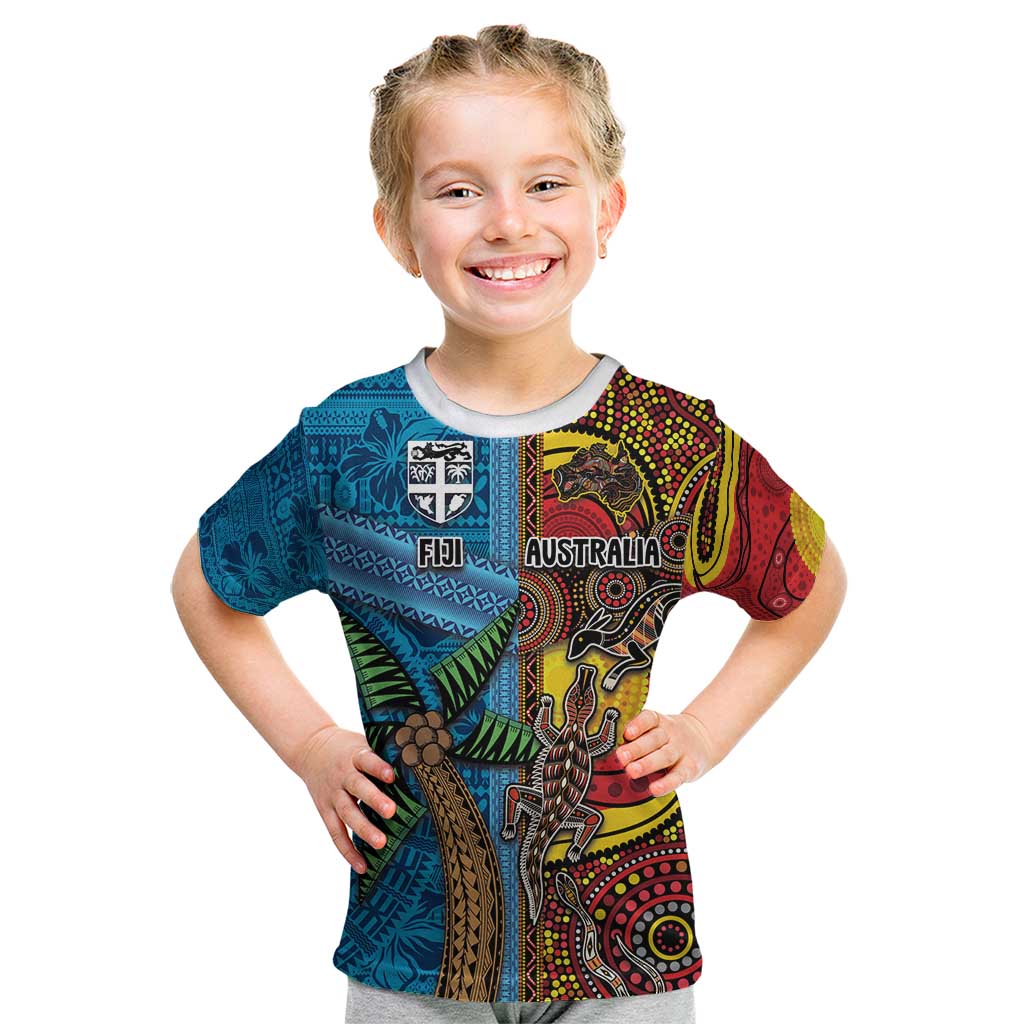 Personalised Australia and Fiji Together Kid T Shirt Tribal Palm Tree with Tapa and Aboriginal Animals Half Style