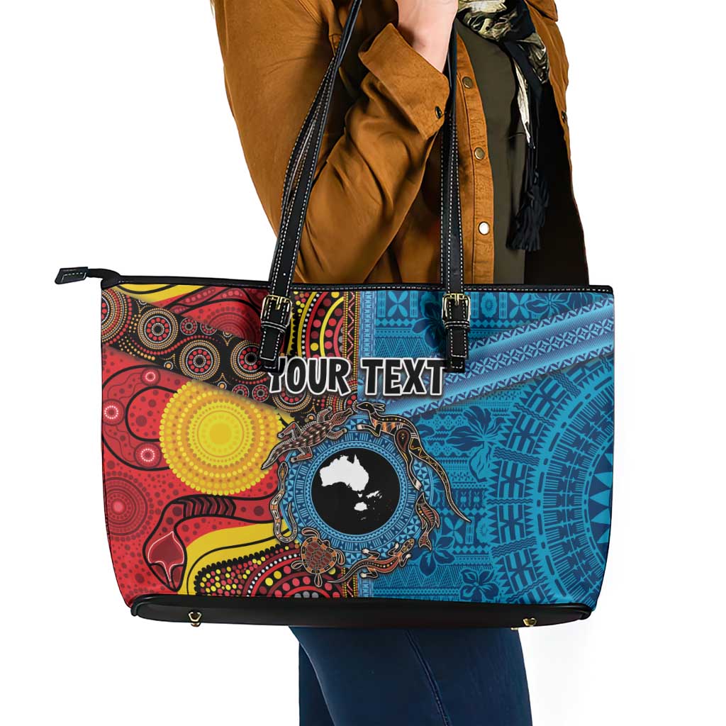 Personalised Australia and Fiji Together Leather Tote Bag Tribal Palm Tree with Tapa and Aboriginal Animals Half Style