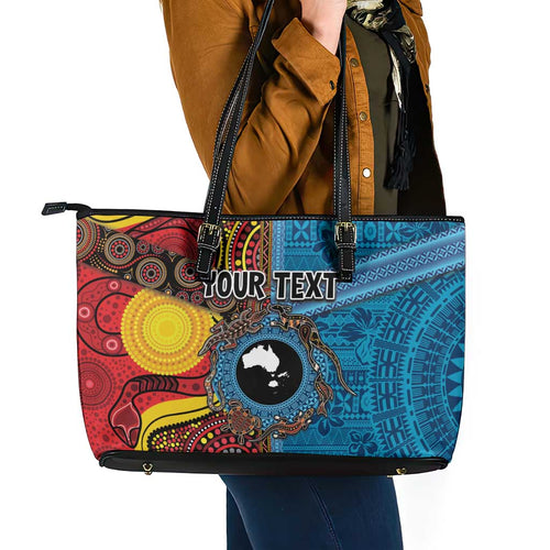 Personalised Australia and Fiji Together Leather Tote Bag Tribal Palm Tree with Tapa and Aboriginal Animals Half Style