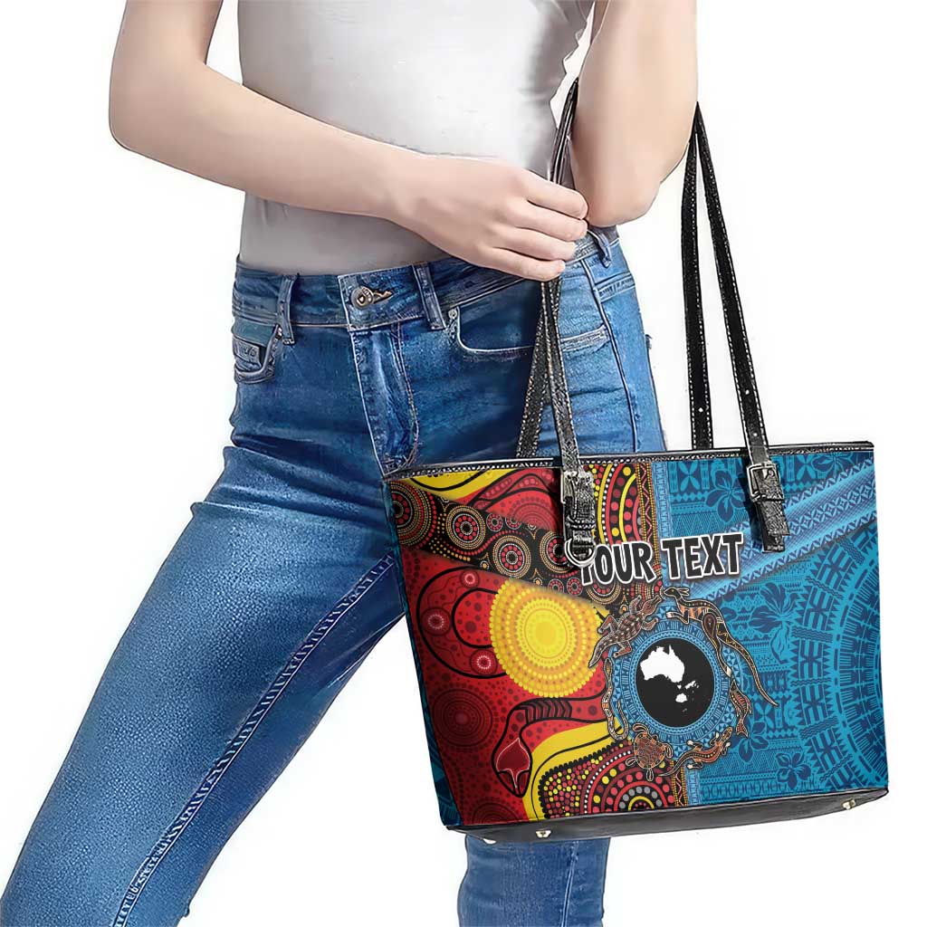 Personalised Australia and Fiji Together Leather Tote Bag Tribal Palm Tree with Tapa and Aboriginal Animals Half Style