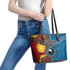 Personalised Australia and Fiji Together Leather Tote Bag Tribal Palm Tree with Tapa and Aboriginal Animals Half Style