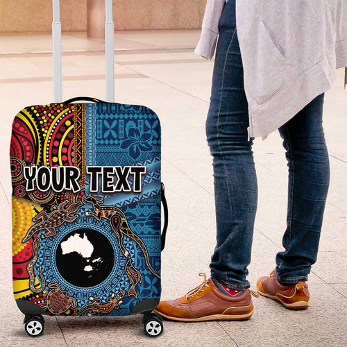 Personalised Australia and Fiji Together Luggage Cover Tribal Palm Tree with Tapa and Aboriginal Animals Half Style