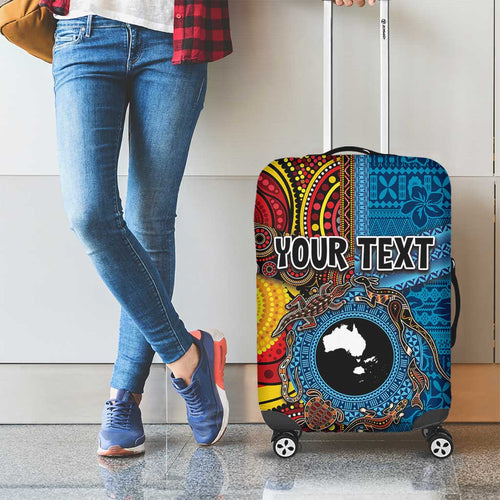 Personalised Australia and Fiji Together Luggage Cover Tribal Palm Tree with Tapa and Aboriginal Animals Half Style