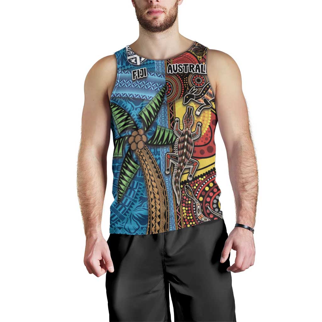Personalised Australia and Fiji Together Men Tank Top Tribal Palm Tree with Tapa and Aboriginal Animals Half Style