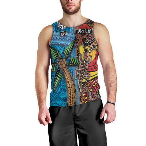 Personalised Australia and Fiji Together Men Tank Top Tribal Palm Tree with Tapa and Aboriginal Animals Half Style