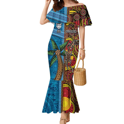 Personalised Australia and Fiji Together Mermaid Dress Tribal Palm Tree with Tapa and Aboriginal Animals Half Style