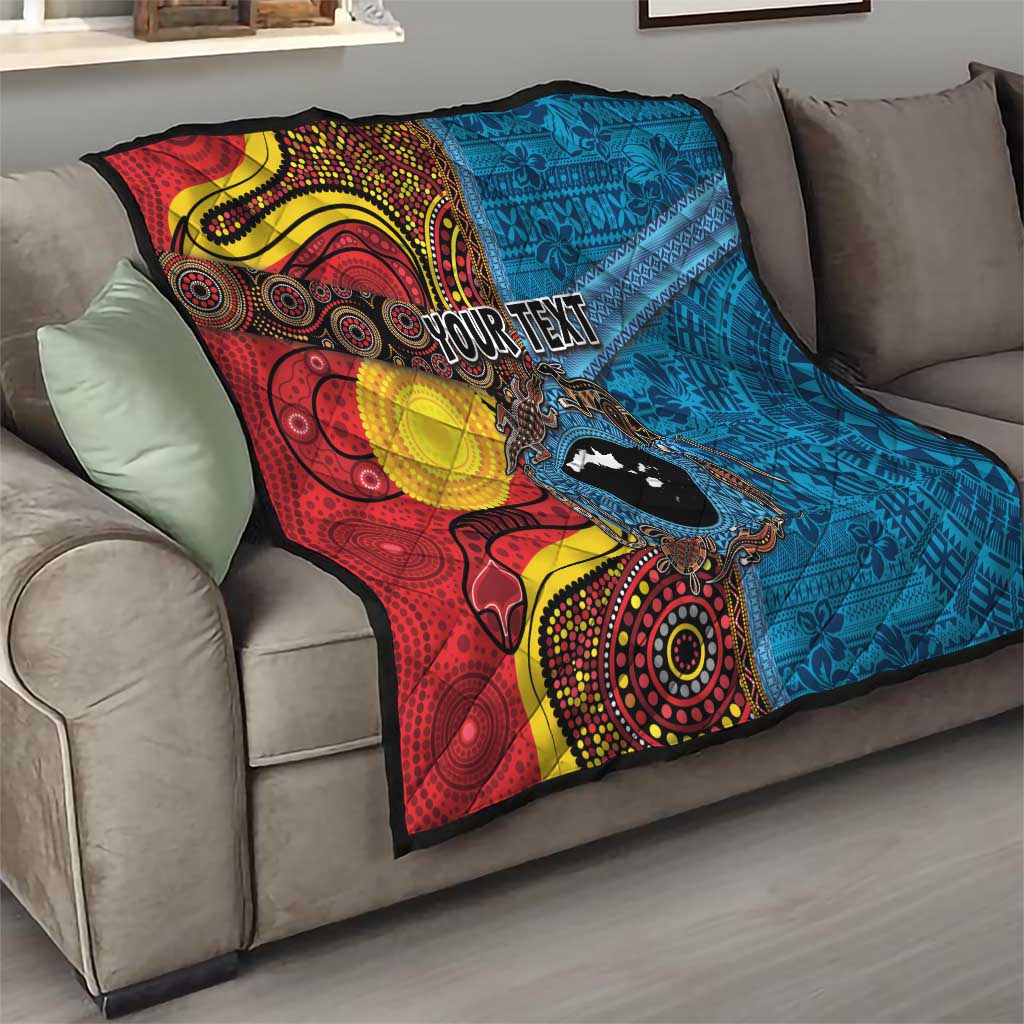 Personalised Australia and Fiji Together Quilt Tribal Palm Tree with Tapa and Aboriginal Animals Half Style