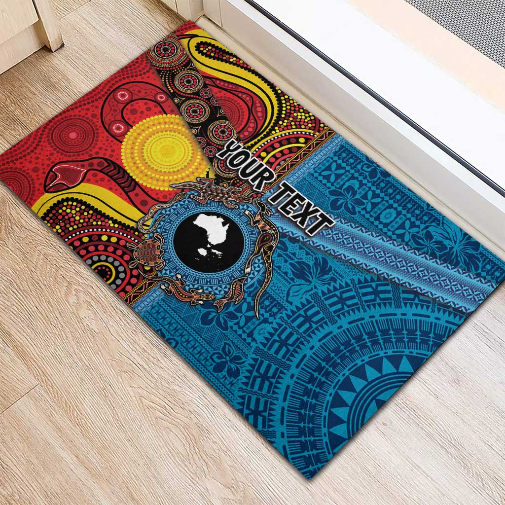 Personalised Australia and Fiji Together Rubber Doormat Tribal Palm Tree with Tapa and Aboriginal Animals Half Style