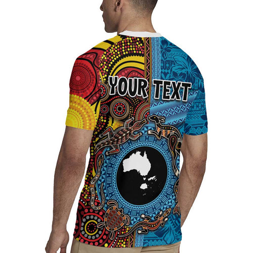 Personalised Australia and Fiji Together Rugby Jersey Tribal Palm Tree with Tapa and Aboriginal Animals Half Style