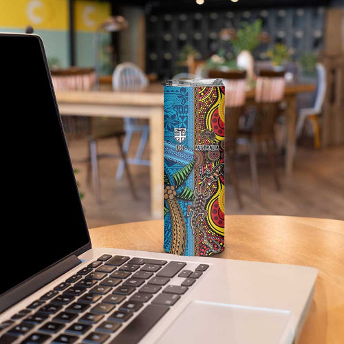 Personalised Australia and Fiji Together Skinny Tumbler Tribal Palm Tree with Tapa and Aboriginal Animals Half Style