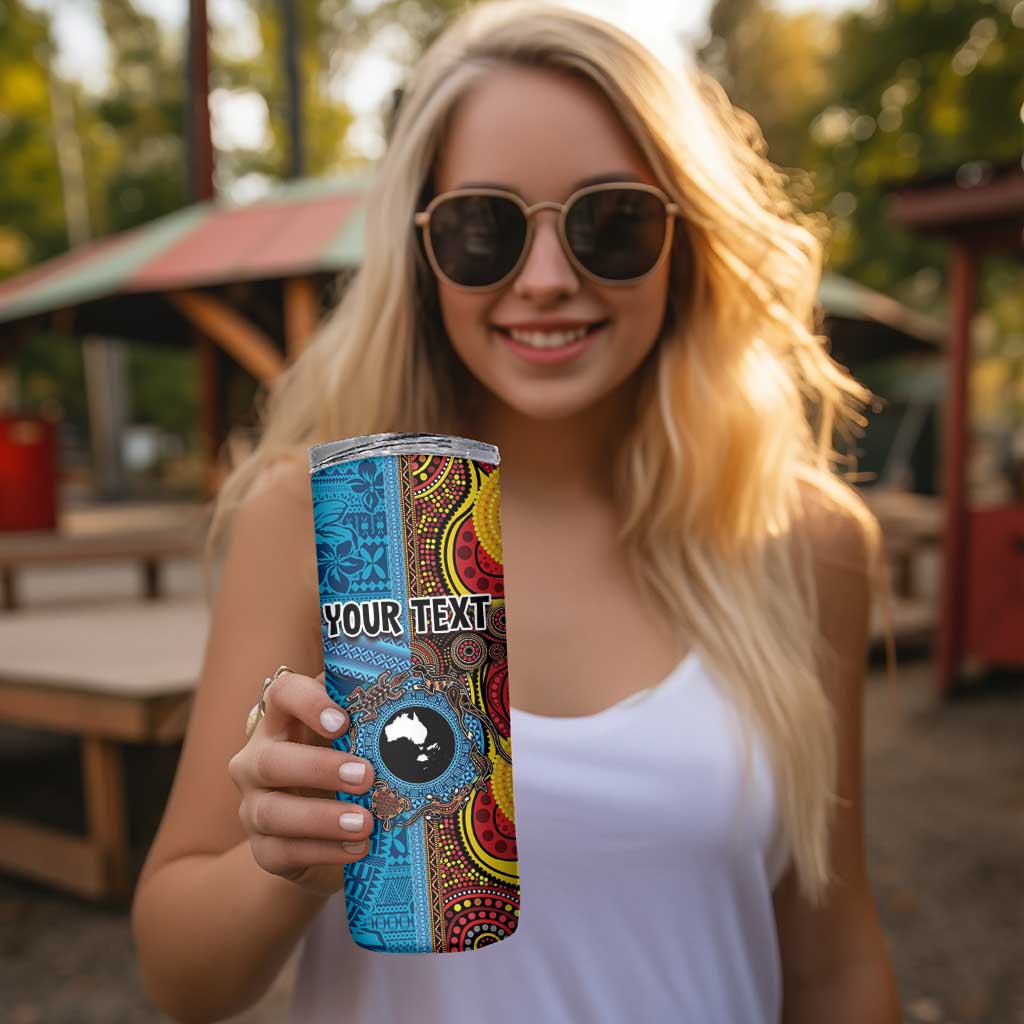 Personalised Australia and Fiji Together Skinny Tumbler Tribal Palm Tree with Tapa and Aboriginal Animals Half Style