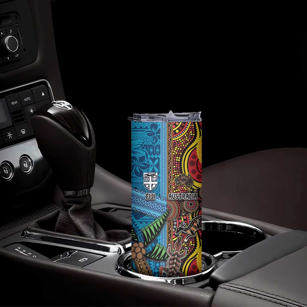 Personalised Australia and Fiji Together Skinny Tumbler Tribal Palm Tree with Tapa and Aboriginal Animals Half Style