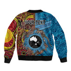 Personalised Australia and Fiji Together Sleeve Zip Bomber Jacket Tribal Palm Tree with Tapa and Aboriginal Animals Half Style