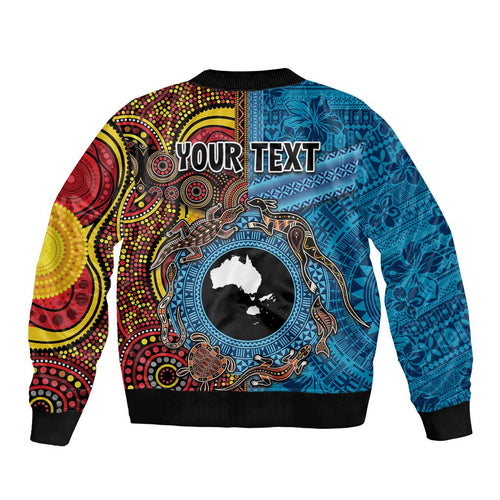 Personalised Australia and Fiji Together Sleeve Zip Bomber Jacket Tribal Palm Tree with Tapa and Aboriginal Animals Half Style