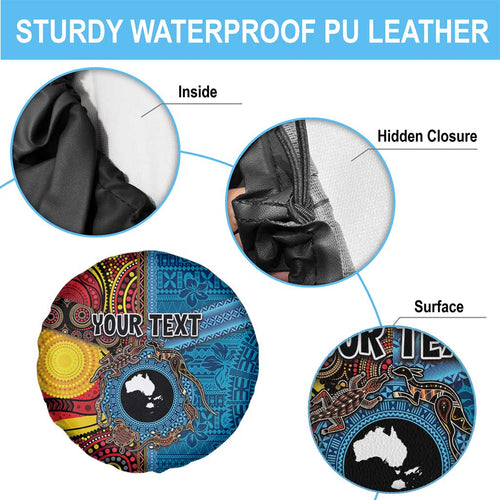 Personalised Australia and Fiji Together Spare Tire Cover Tribal Palm Tree with Tapa and Aboriginal Animals Half Style