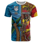 Personalised Australia and Fiji Together T Shirt Tribal Palm Tree with Tapa and Aboriginal Animals Half Style