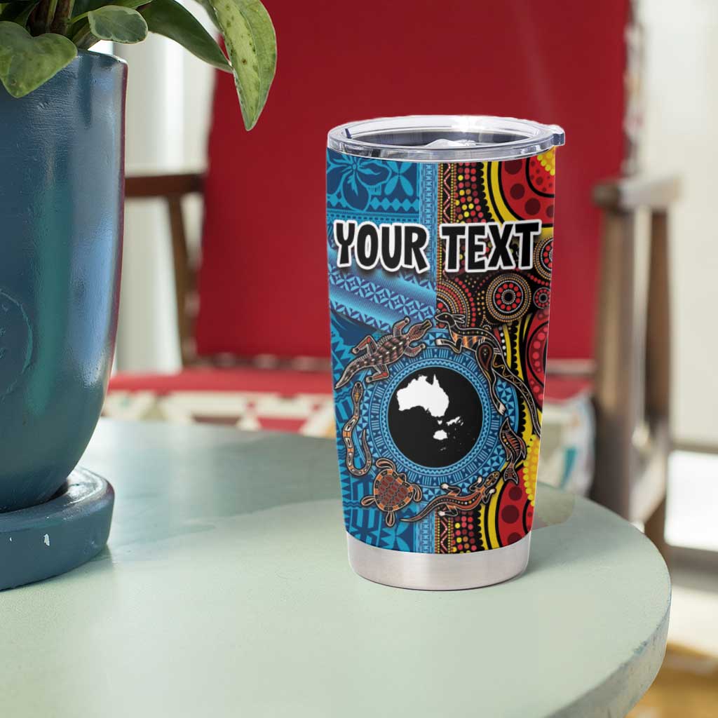 Personalised Australia and Fiji Together Tumbler Cup Tribal Palm Tree with Tapa and Aboriginal Animals Half Style