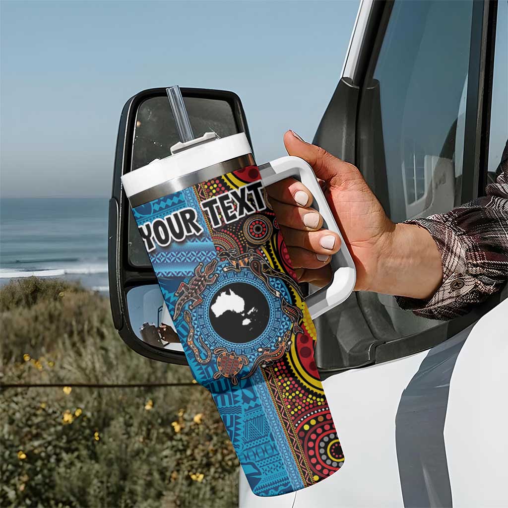 Personalised Australia and Fiji Together Tumbler With Handle Tribal Palm Tree with Tapa and Aboriginal Animals Half Style