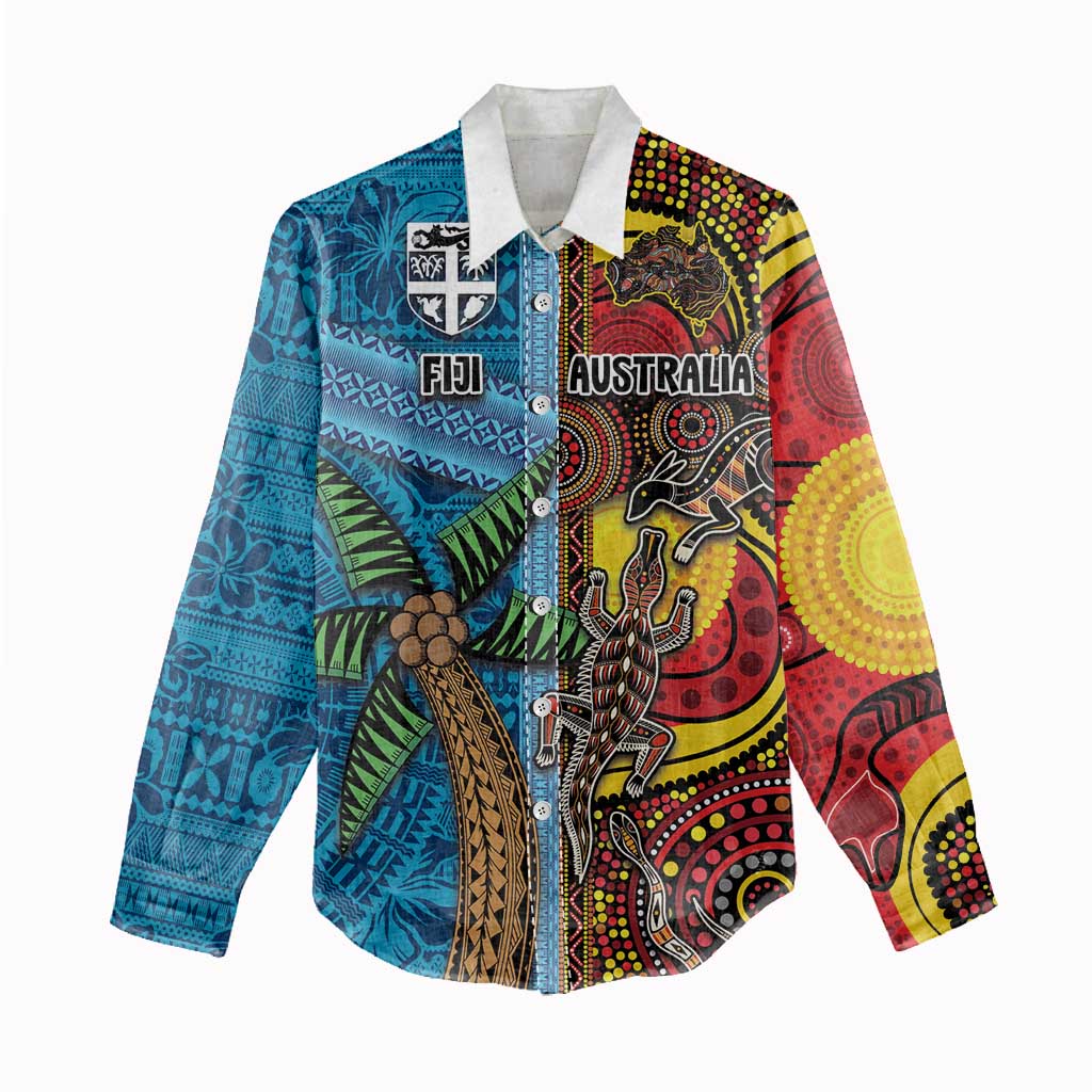 Personalised Australia and Fiji Together Women Casual Shirt Tribal Palm Tree with Tapa and Aboriginal Animals Half Style