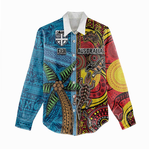 Personalised Australia and Fiji Together Women Casual Shirt Tribal Palm Tree with Tapa and Aboriginal Animals Half Style