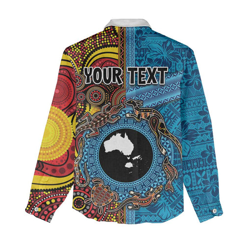 Personalised Australia and Fiji Together Women Casual Shirt Tribal Palm Tree with Tapa and Aboriginal Animals Half Style