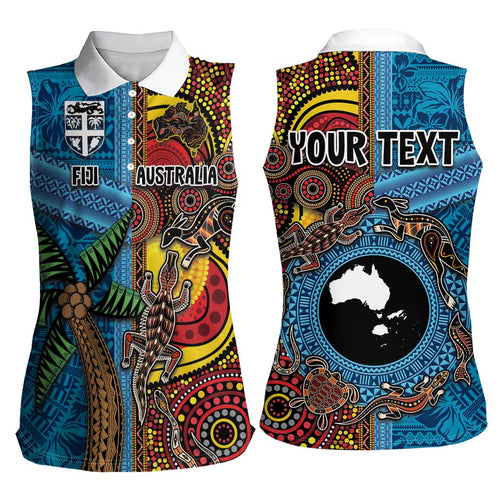 Personalised Australia and Fiji Together Women Sleeveless Polo Shirt Tribal Palm Tree with Tapa and Aboriginal Animals Half Style