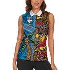 Personalised Australia and Fiji Together Women Sleeveless Polo Shirt Tribal Palm Tree with Tapa and Aboriginal Animals Half Style