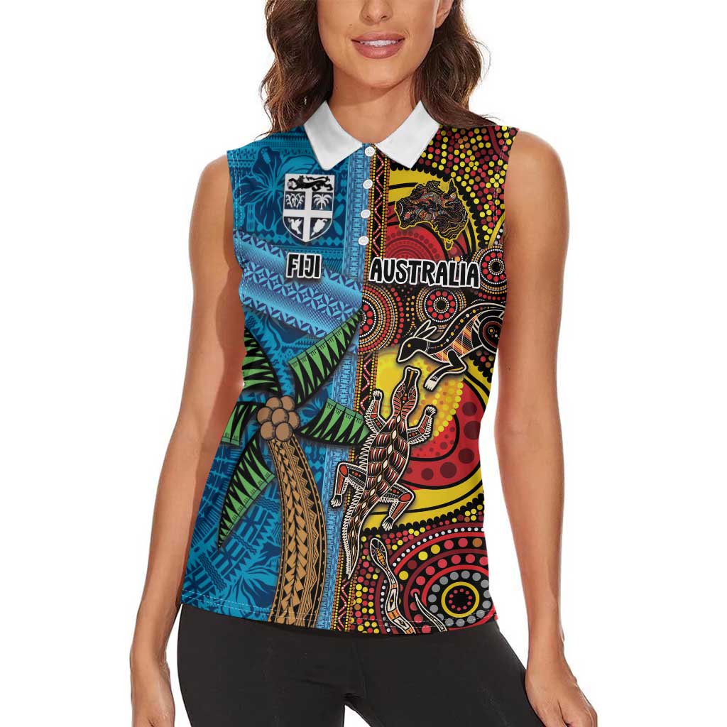 Personalised Australia and Fiji Together Women Sleeveless Polo Shirt Tribal Palm Tree with Tapa and Aboriginal Animals Half Style