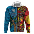 Personalised Australia and Fiji Together Zip Hoodie Tribal Palm Tree with Tapa and Aboriginal Animals Half Style