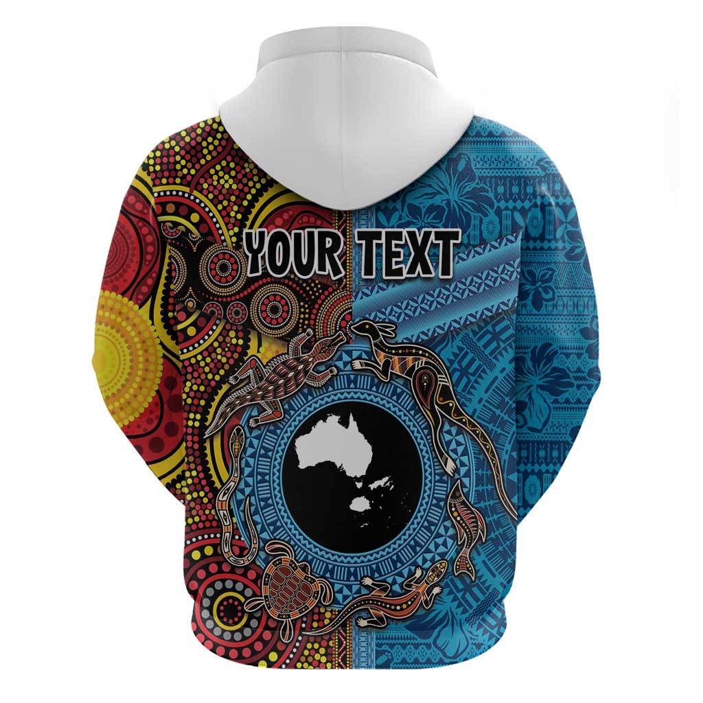 Personalised Australia and Fiji Together Zip Hoodie Tribal Palm Tree with Tapa and Aboriginal Animals Half Style