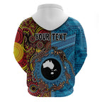 Personalised Australia and Fiji Together Zip Hoodie Tribal Palm Tree with Tapa and Aboriginal Animals Half Style