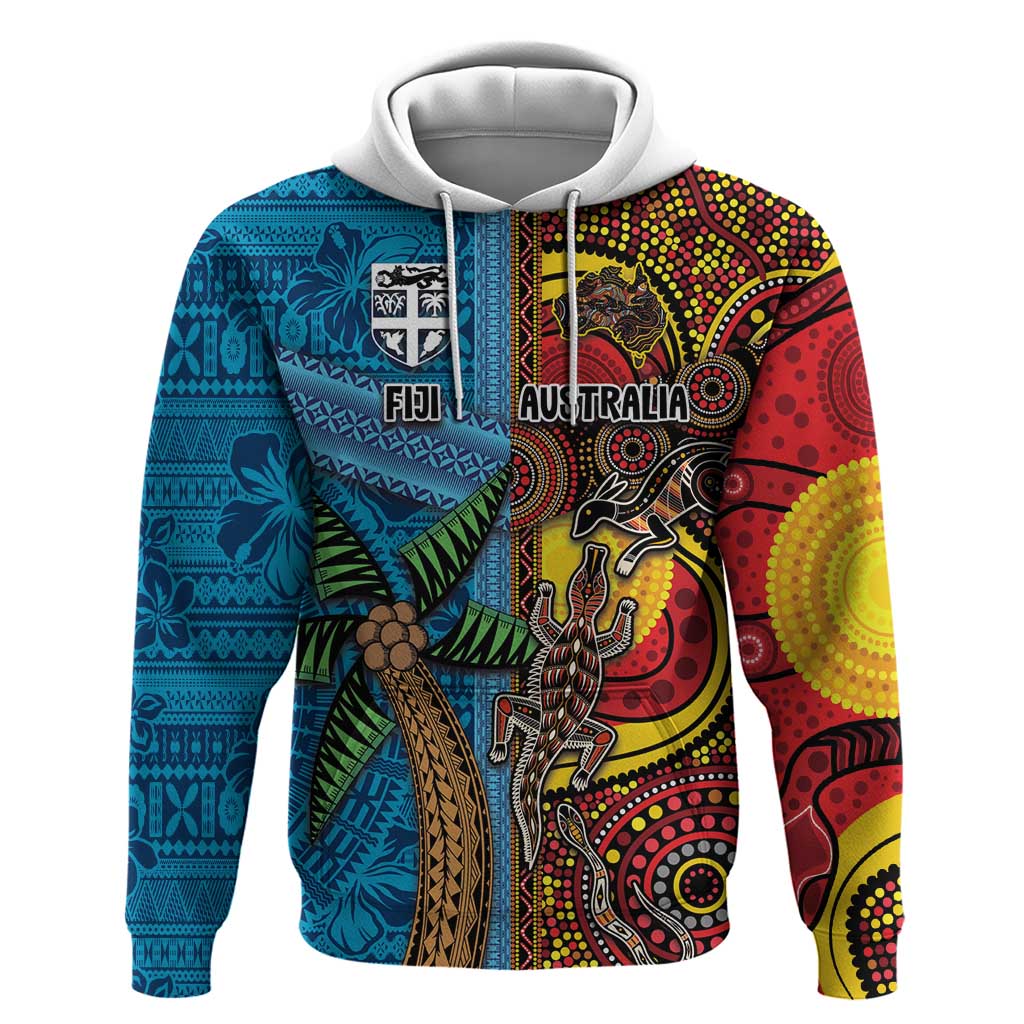 Personalised Australia and Fiji Together Zip Hoodie Tribal Palm Tree with Tapa and Aboriginal Animals Half Style