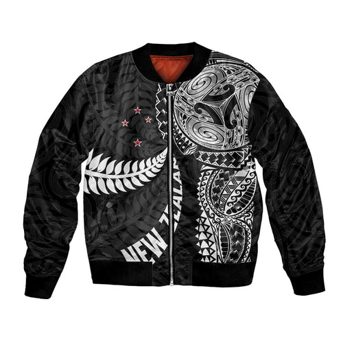 Aotearoa Volleyball Custom Bomber Jacket Silver Ferns and Maori Tribal Black