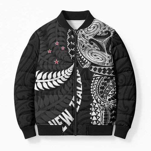 Aotearoa Volleyball Custom Bomber Puffer Jacket Silver Ferns and Maori Tribal Black