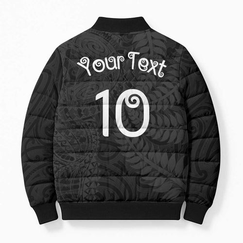 Aotearoa Volleyball Custom Bomber Puffer Jacket Silver Ferns and Maori Tribal Black