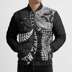 Aotearoa Volleyball Custom Bomber Puffer Jacket Silver Ferns and Maori Tribal Black