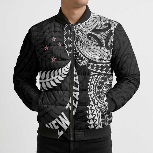 Aotearoa Volleyball Custom Bomber Puffer Jacket Silver Ferns and Maori Tribal Black