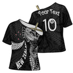 Aotearoa Volleyball Custom Cross Shoulder Shirt Silver Ferns and Maori Tribal Black