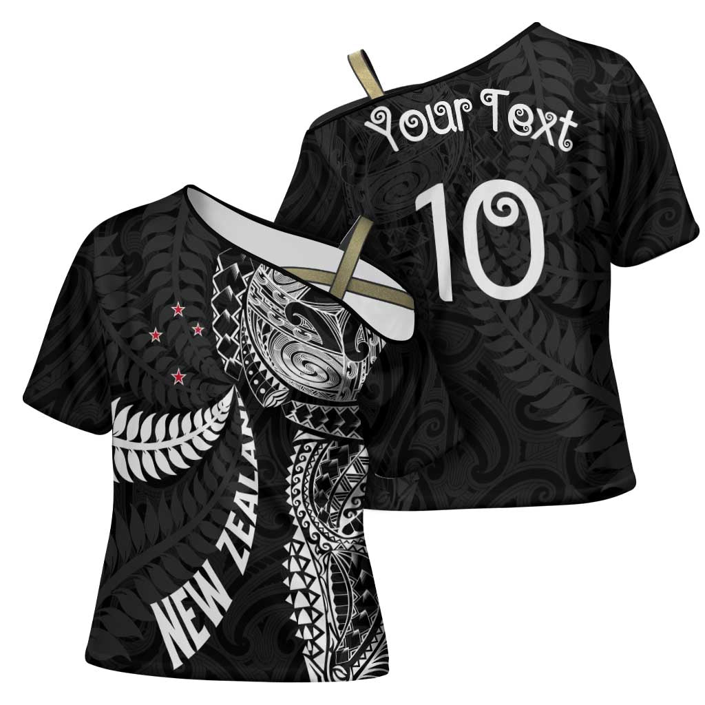 Aotearoa Volleyball Custom Cross Shoulder Shirt Silver Ferns and Maori Tribal Black