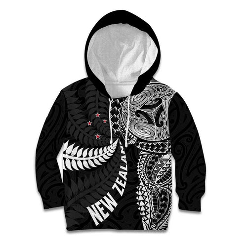 Aotearoa Volleyball Custom Kid Hoodie Silver Ferns and Maori Tribal Black